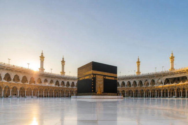 The Kaaba at sunrise in the Grand Mosque in Mecca, for the Conquest of Mecca