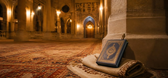 Quran and folded blanket beside a pillar in a quiet mosque at night during I'tikaf