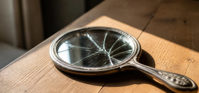 Cracked hand mirror on a wooden table, symbolizing lying and broken trust in Islam