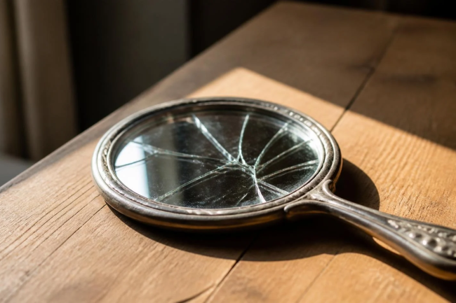 Cracked hand mirror on a wooden table, symbolizing lying and broken trust in Islam