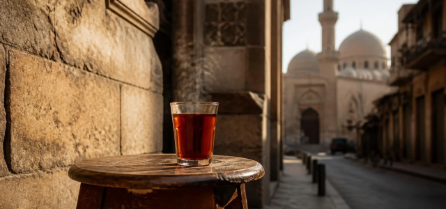 Glass of tea on a wooden stool in an old Cairo street near a mosque, symbolizing humility in Islam